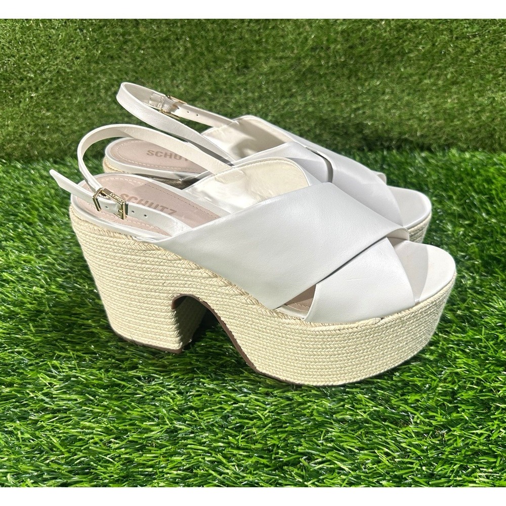 SCHUTZ Women White Platform Block Heel Ankle Strap Leather Sandals 11B Atanado